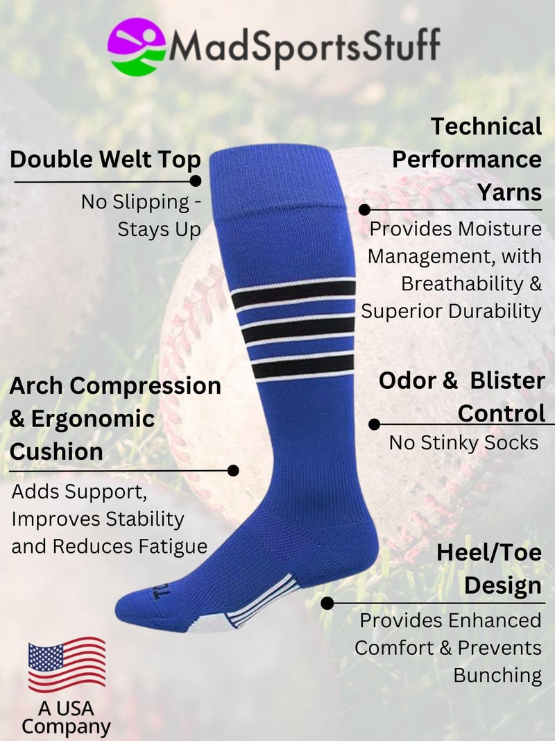 MadSportsStuff Dugout 3 Stripe Baseball Socks (Royal/Black/White, Large) - Royal/Black/White,Large - Image 2